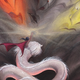 A caped figure rides a Luck Dragon, their fist raised triumphantly